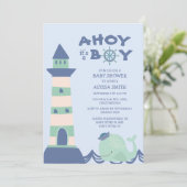 Blue Green Whale Lighthouse Ahoy Boy Baby Dusche Einladung (Stehend Vorderseite)
