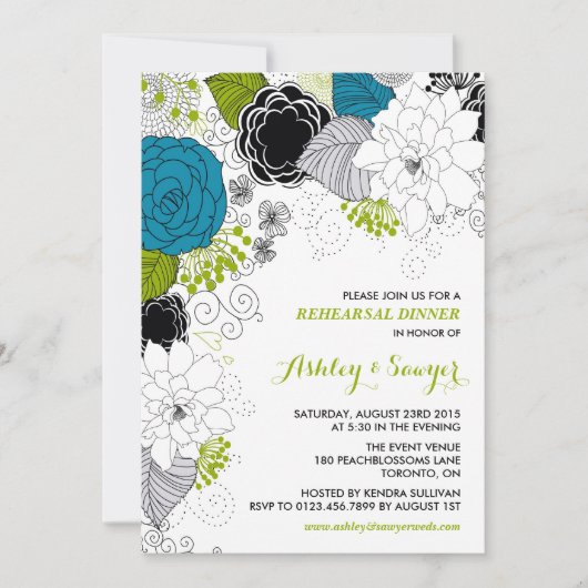 Blue & Green Whimsical Florals Probe Dinner Einladung (Vorderseite)