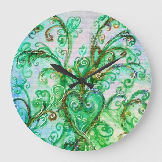 BLUE GREEN WHIMSICAL FLOURISHES WITH HEART GROßE WANDUHR (Vorderseite)