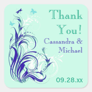 Blue Green White Aqua Floral 1,5" Hochzeitsticker Quadratischer Aufkleber