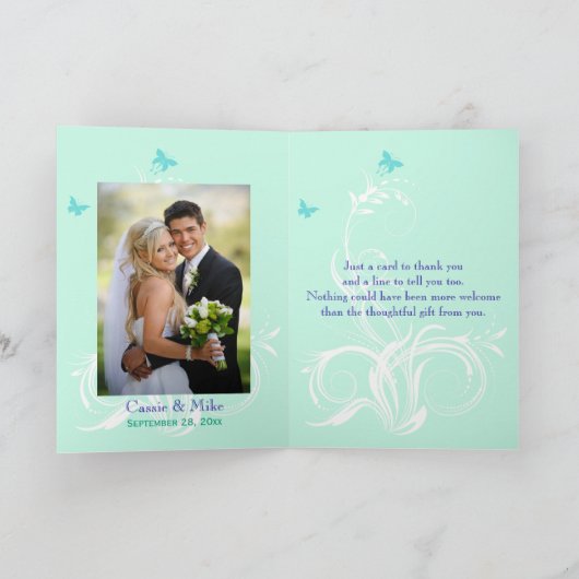 Blue Green White Aqua Floral FOTO Danke Karte (Innenseite)