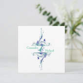 Blue Green White Aqua Floral Wedding Einladung (Stehend Vorderseite)