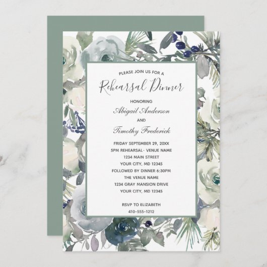 Blue Green White Floral Elegante Probe Abendessen  Einladung (Vorne/Hinten)