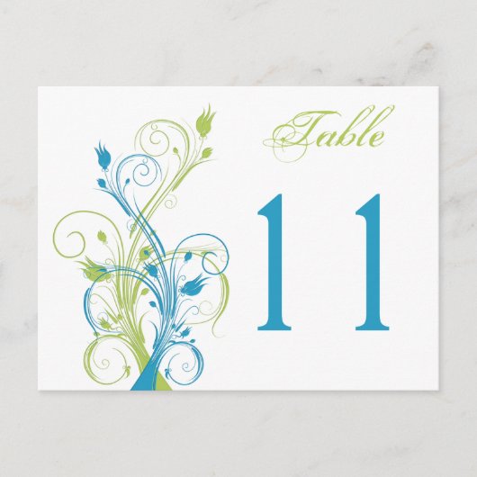 Blue Green White Floral Tischnummer Postcard (Vorderseite)