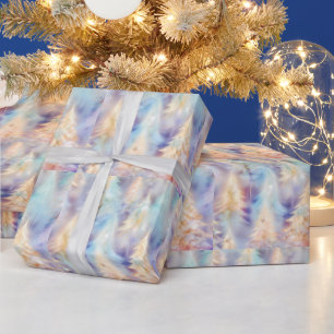 Blue Green White Gold Trees Moderne Weihnachten Geschenkpapier