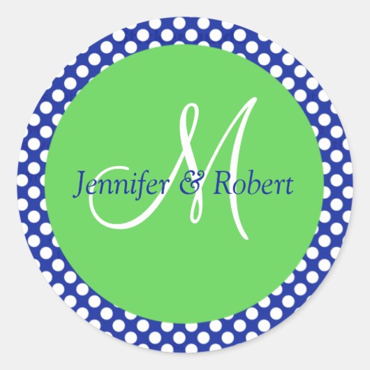 Blue Green White Polka Dot Monogram Umschlag Aufkl Runder Aufkleber (Vorderseite)