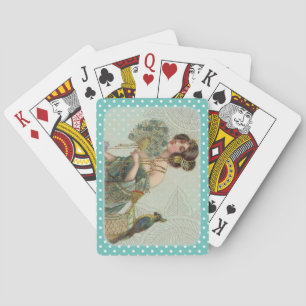Blue Green White Polka Dot Vintage Lady und Parrot Spielkarten