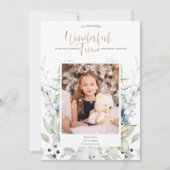 Blue Green White Winter Floral Foto Christmas Einladung (Vorderseite)