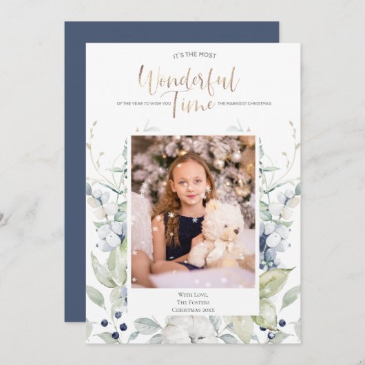 Blue Green White Winter Floral Foto Christmas Einladung (Vorne/Hinten)