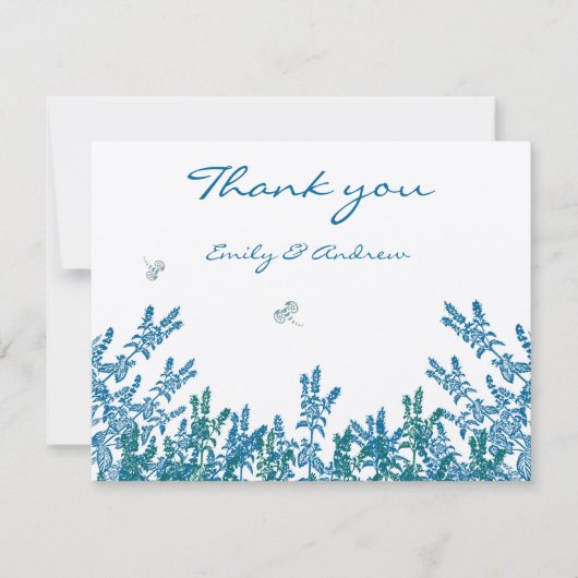 Blue Green Wild Blume Bee Wedding RSVP Dankeskarte (Vorderseite)