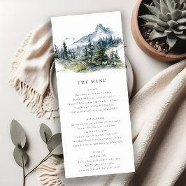 Blue Green Woods Mountain Sketch Wedding Menu Card Einladung