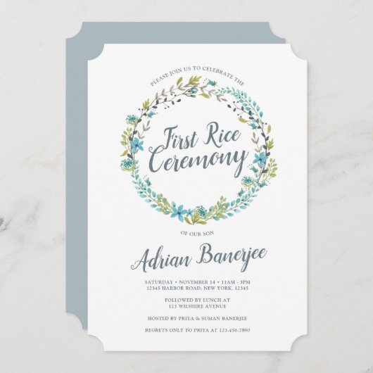 Blue Green Wreath First Rice Zeremonie Einladung (Vorne/Hinten)