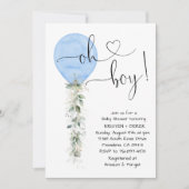 Blue Greenery Balloon Baby Shower Einladung (Vorderseite)