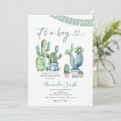 Blue Greenery Cactus Floral Es ist eine Baby-Dusch Einladung (Stehend Vorderseite)