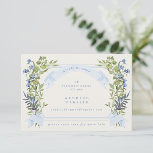 blue greenery crest website QR CODE wedding RSVP Einladung (Stehend Vorderseite)