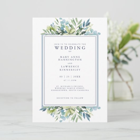 Blue Greenery Foliage Hochzeitseinladung Einladung (Stehend Vorderseite)