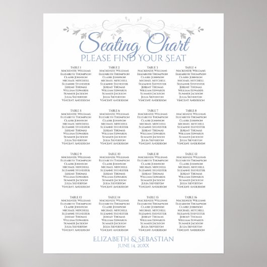 Blue & Grey 16 Table Wedding Seating Chart Poster (Vorne)