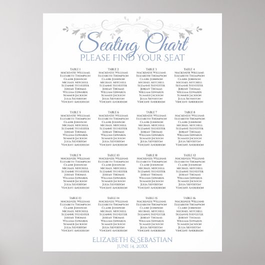 Blue & Grey 16 Table Wedding Seating Chart Poster (Vorne)
