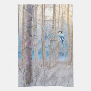 Blue Grey Blue Jay Bird Forest Trees Art Geschirrtuch