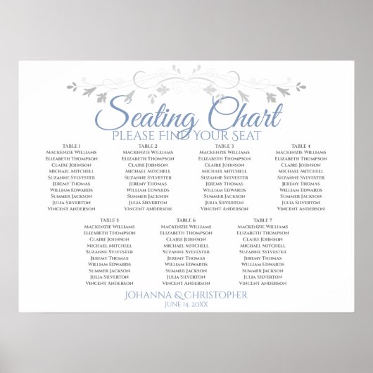 Blue & Grey Elegant 7 Table Wedding Seating Chart Poster (Vorne)