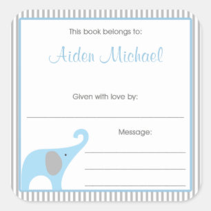 Blue & Grey Elephant Pinstripe Buchplatte Quadratischer Aufkleber