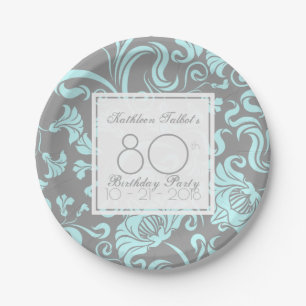 Blue Grey Floral 80. Geburtstag Party Paper Plate Pappteller