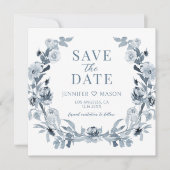 Blue Grey Floral Save the Date Foto Einladung (Vorderseite)