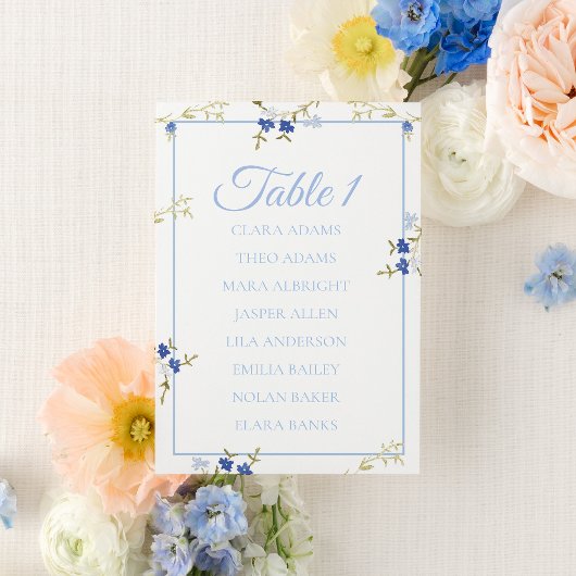 Blue & Grey Floral Wedding Seating Chart Card Tischnummer
