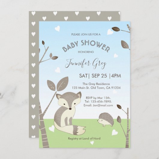 Blue Grey Fox Igel Boy Baby Dusche Einladung (Vorne/Hinten)