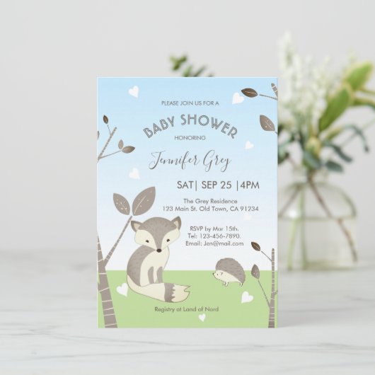 Blue Grey Fox Igel Boy Baby Dusche Einladung (Stehend Vorderseite)