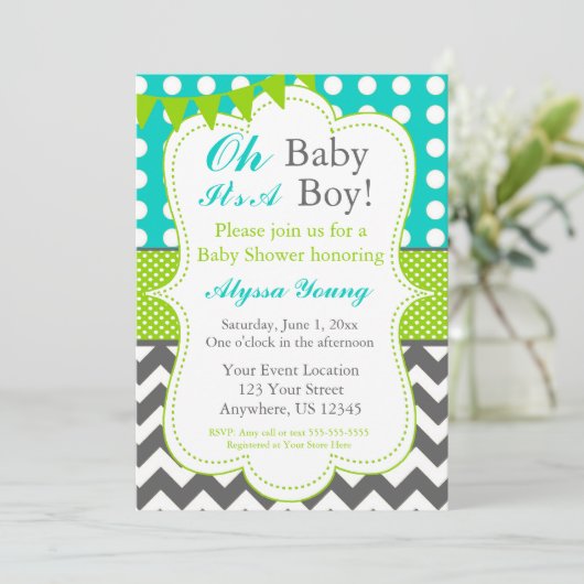 Blue Grey Green Baby Boy Dusche Einladung (Stehend Vorderseite)