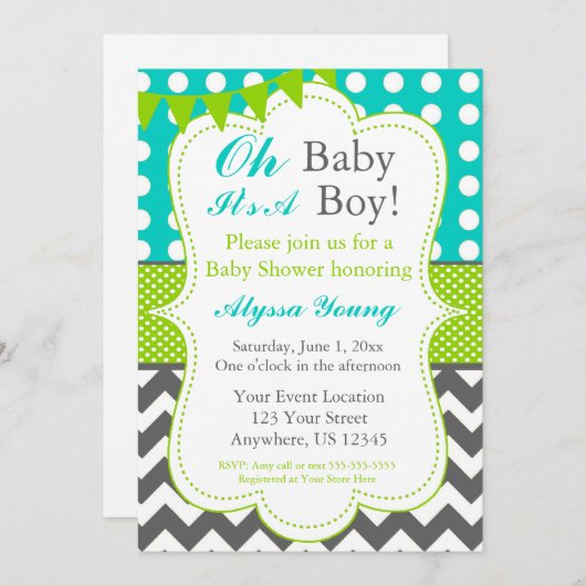 Blue Grey Green Baby Boy Dusche Einladung (Vorne/Hinten)