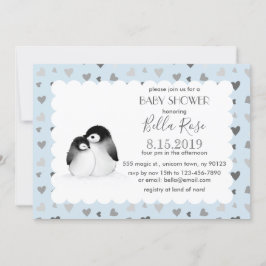 Blue Grey Hearts Pinguins Baby Dusche Einladungen