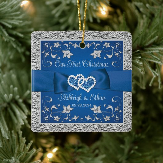 Blue, Grey Liebe Hearts Wedding 1. Weihnachten Keramikornament (Baum)