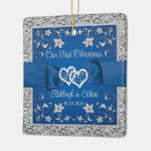 Blue, Grey Liebe Hearts Wedding 1. Weihnachten Keramikornament (Links)