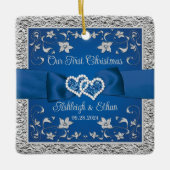 Blue, Grey Liebe Hearts Wedding 1. Weihnachten Keramikornament (Vorderseite)