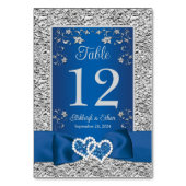 Blue, Grey Liebe Hearts Wedding Tischnummer Card (Rückseite)