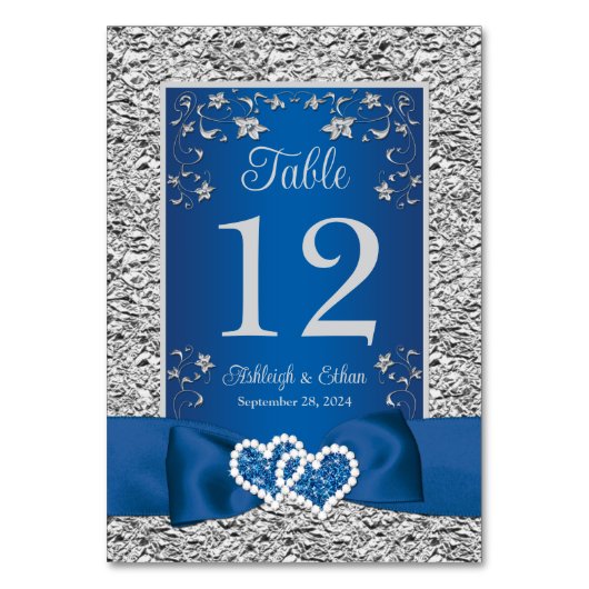 Blue, Grey Liebe Hearts Wedding Tischnummer Card (Vorderseite)