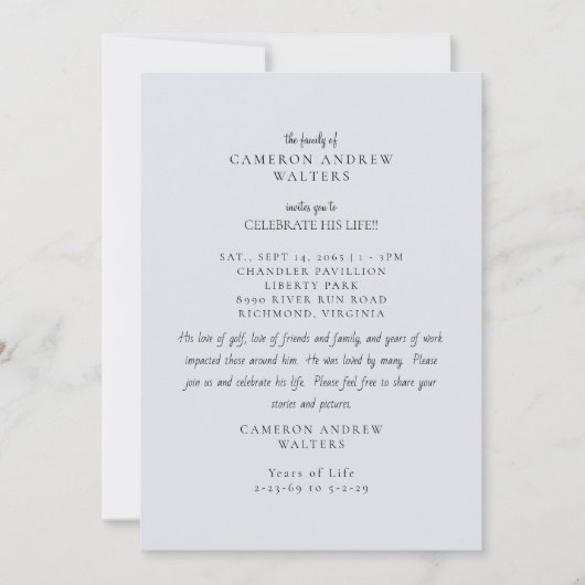 Blue Grey Photo Celebration of Life Einladung (Vorderseite)