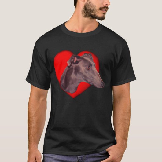 Blue Greyhound Face Red Heart Dog T-Shirt (Vorderseite)