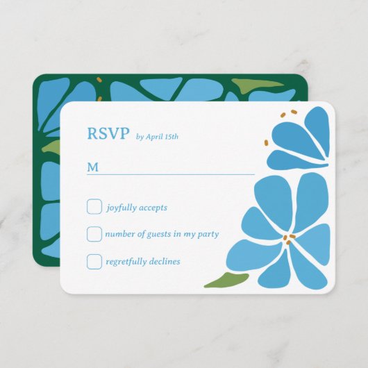 Blue Groovy Blume Pattern Wedding RSVP Karte (Vorne/Hinten)