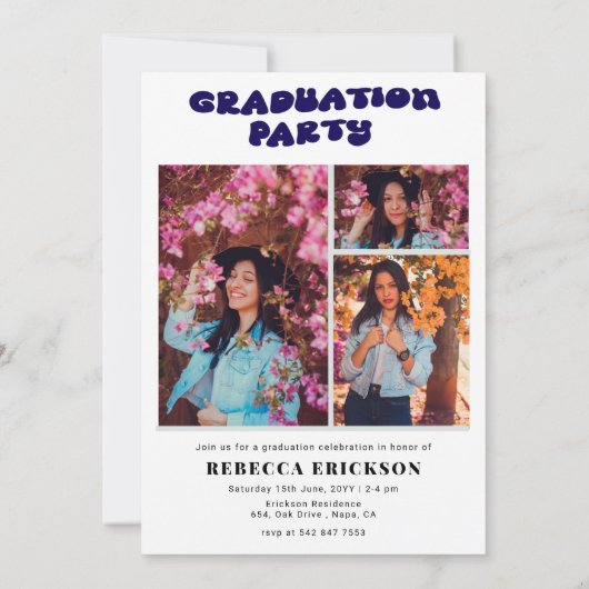 Blue Groovy Schriftart Foto Graduation Party Einla Einladung (Rückseite)