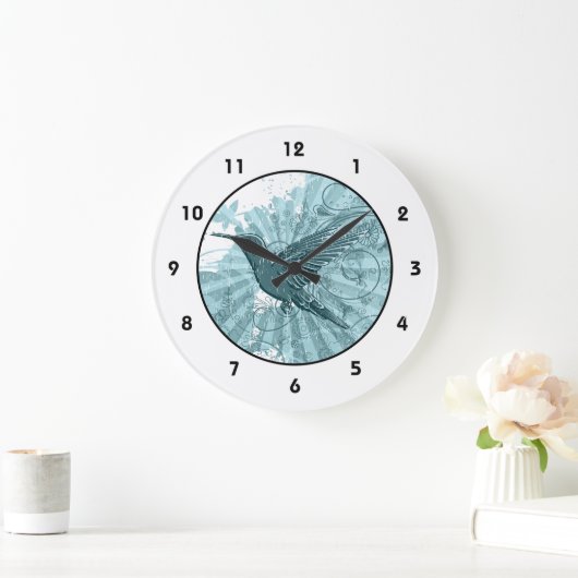 Blue Grunge Hummingbird Große Wanduhr (Zuhause)