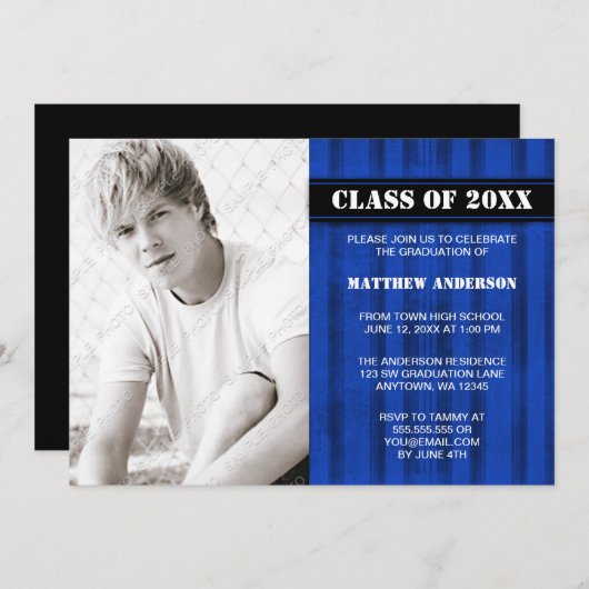 Blue Grunge Stripe Foto Abschluss Ankündigung (Vorne/Hinten)