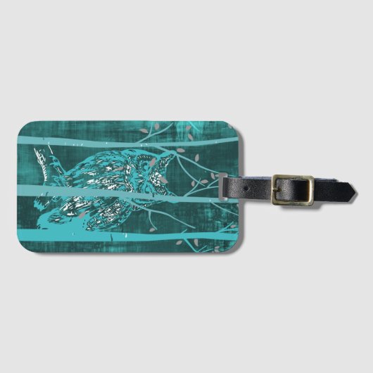 Blue Grunge Woodland Owl Art Gepäckanhänger (Vorderseite (Horizontal))