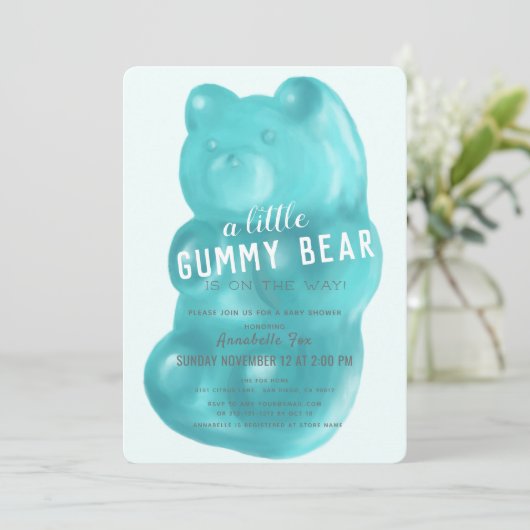 Blue Gummy Bear Boy Baby Dusche Einladung (Stehend Vorderseite)