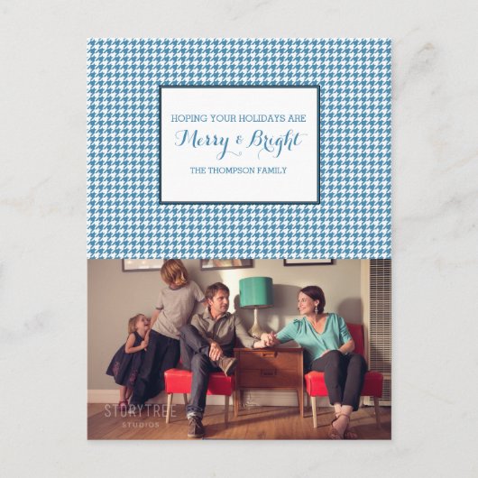 Blue Hahnentrittmuster Holiday Foto Postkarte (Vorderseite)