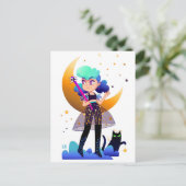 Blue Hair Girl mit Black Cat Postkarte (Stehend Vorderseite)