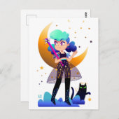 Blue Hair Girl mit Black Cat Postkarte (Vorne/Hinten)