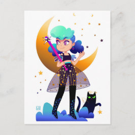 Blue Hair Girl mit Black Cat Postkarte